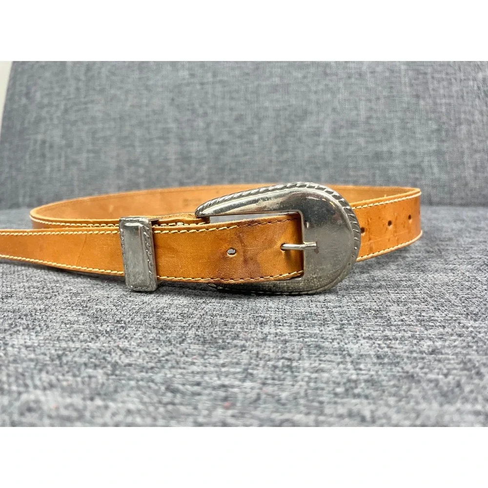 Revcor Tan Genuine Leather Western Belt Silver 3 Piece Buckle Set Size M 44in